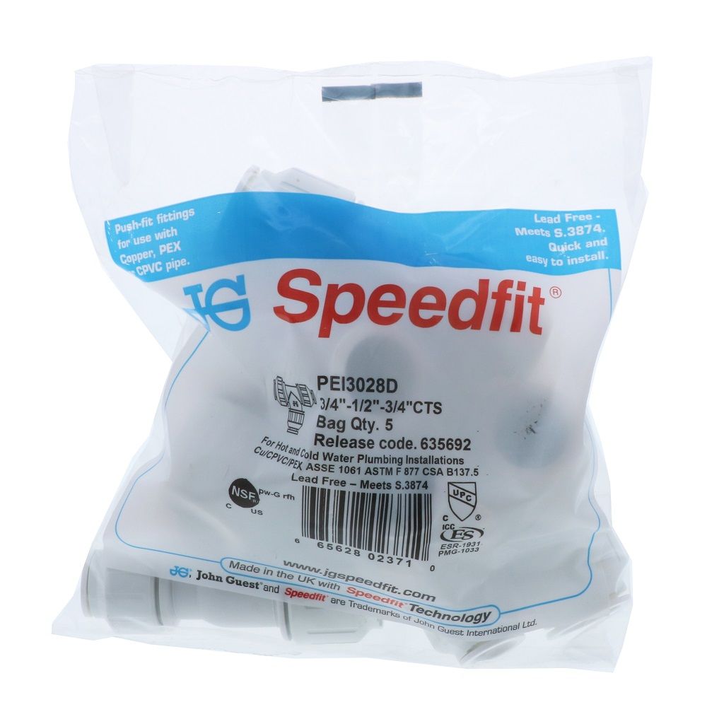 John Guest Reducing Tee - 3/4 x 1/2 x 3/4 CTS