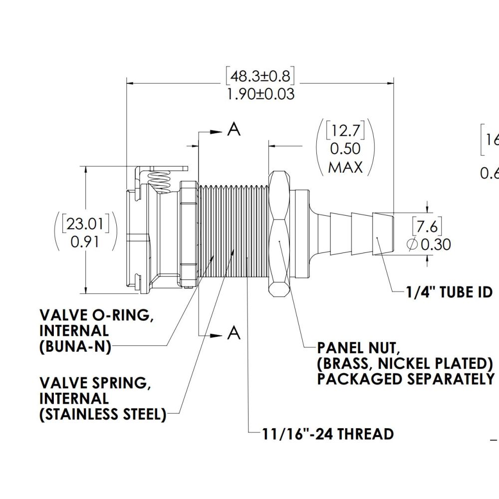 LinkTech 40AC Series Panel Mt. Female, Valved, 1/4" HB, Natural Acetal,