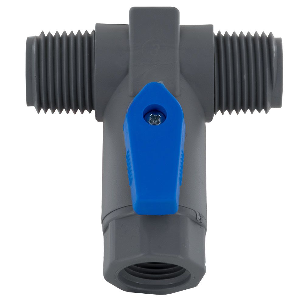 Three-Way PVC Ball Valve - 1/2" MPT x 1/2" MPT x 3/8" FPT