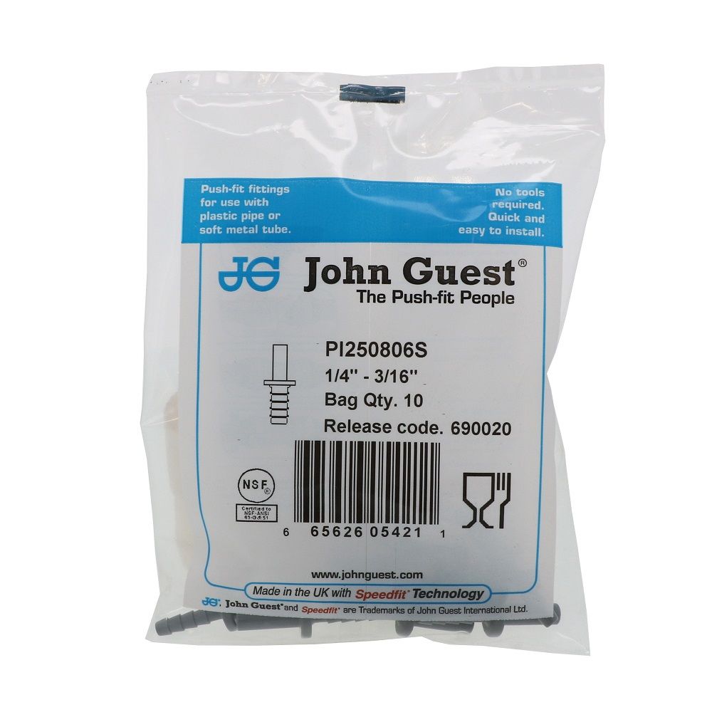 John Guest Stem Barb Connector - 1/4 OD Stem x 3/16 ID Barb