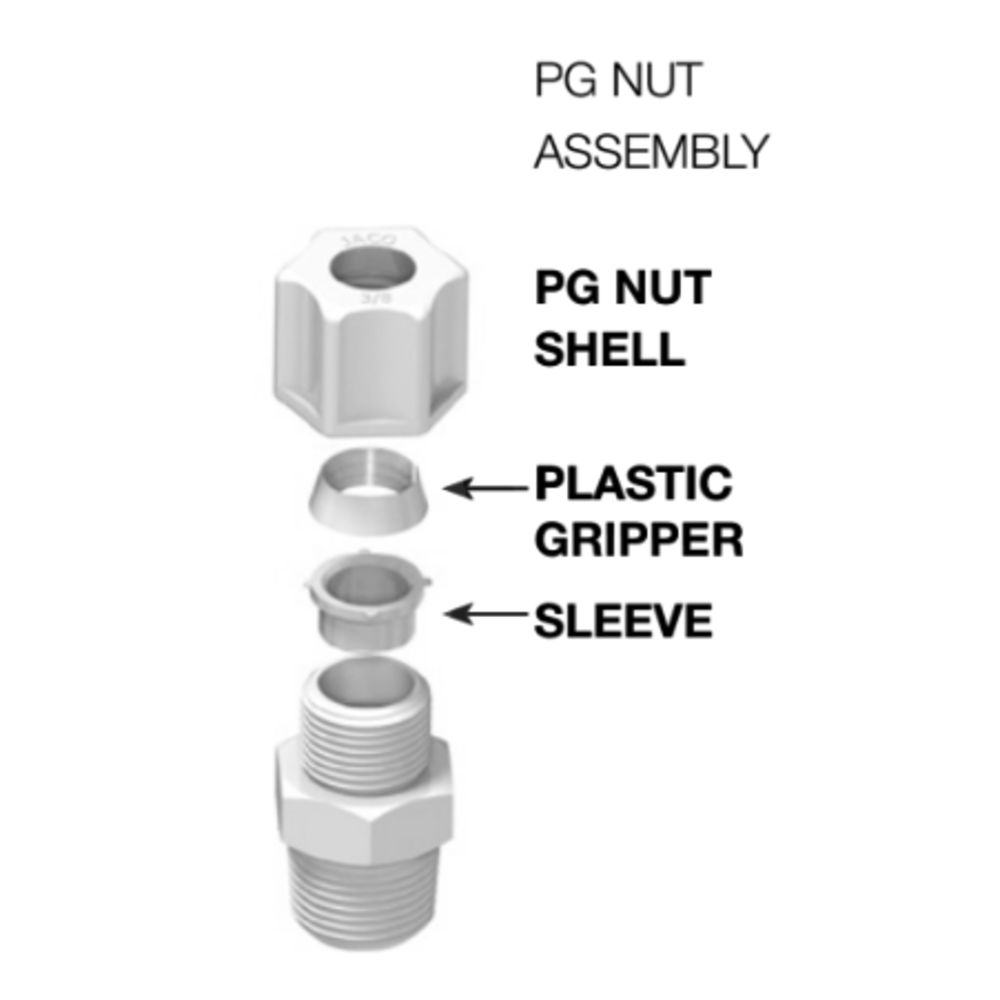 JACO P-PG-6 Polypropylene Plastic Gripper Nut 3/8 OD Tube