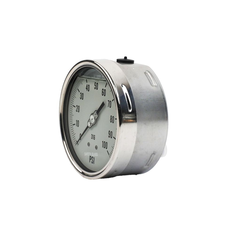 Water Pressure Gauge 100 PSI, 1/4" MPT, 4" Dial, Lower Back Mount, All SS