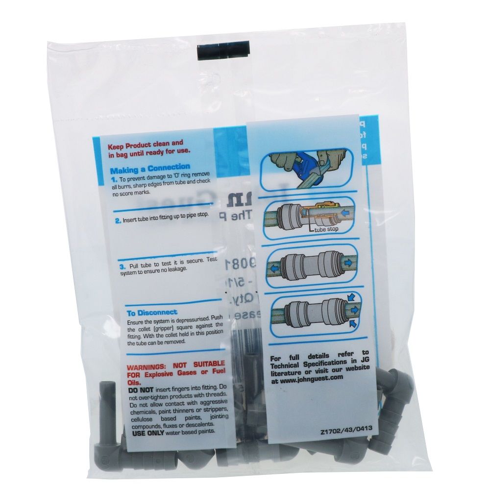 John Guest Stem Elbow Barb Connector - 1/4 OD Stem x 5/16 ID Barb