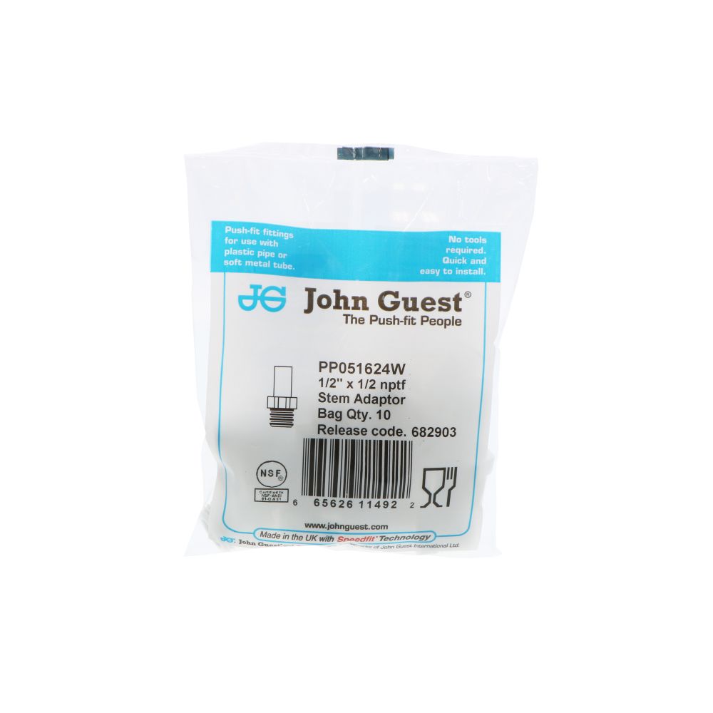 John Guest Stem Adapter Polypro - 1/2 x 1/2 NPTF