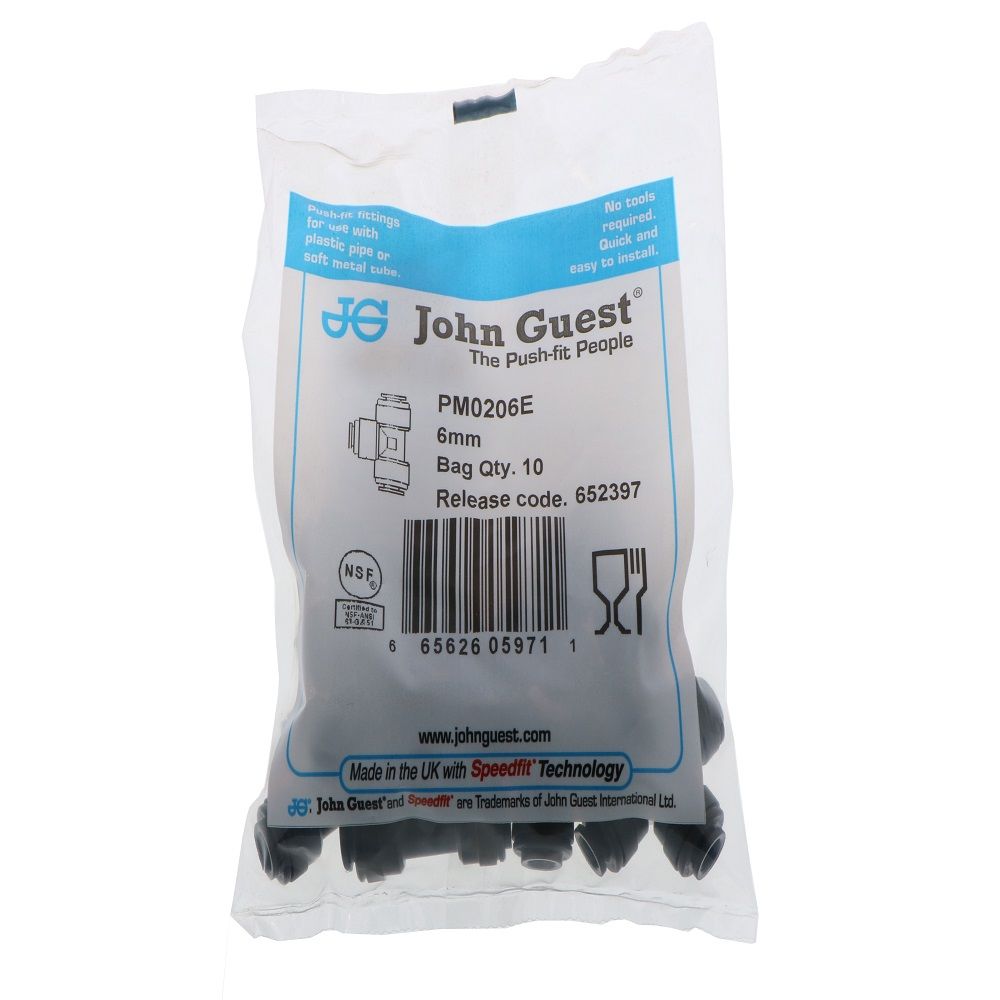 John Guest Union Tee BLACK ACETAL - 6mm