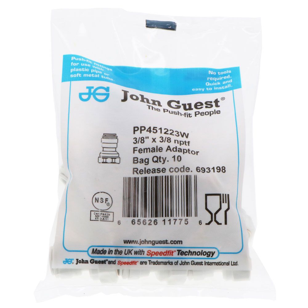 John Guest Female Adapter NPTF Polypro - 3/8 x 3/8 NPTF