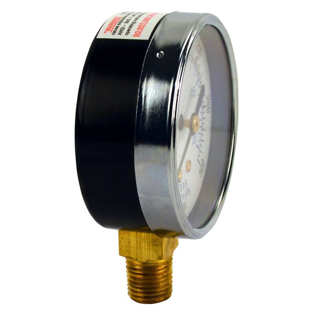 Water Pressure Gauge 300 PSI, 1/4" MPT, 2.5" Glass Dial, Lower Mount, Black Steel Case