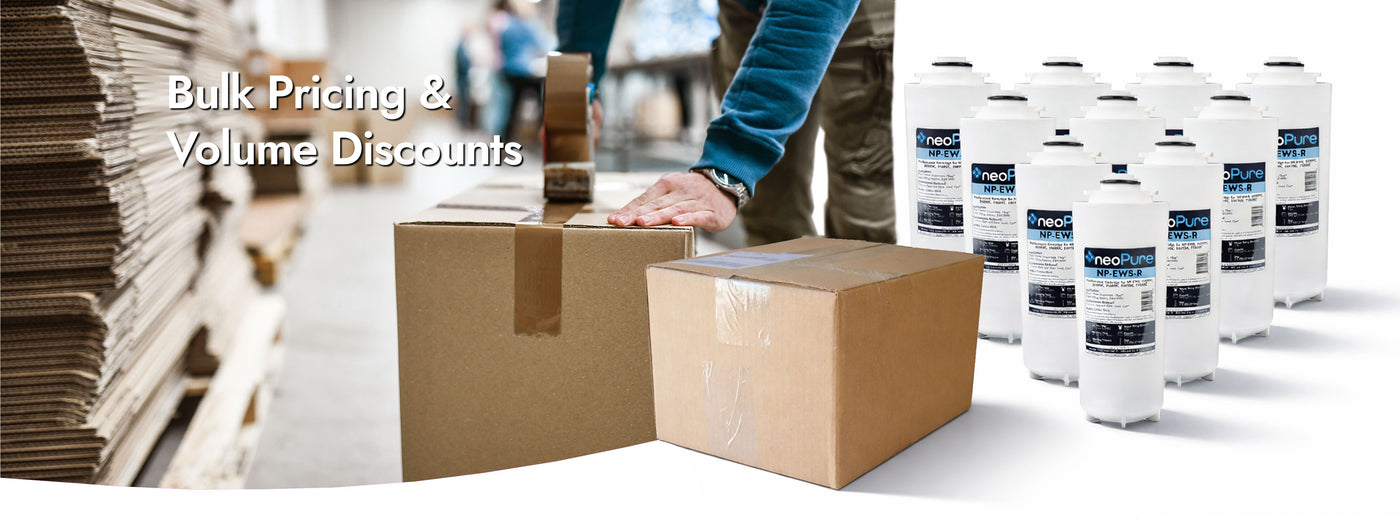 Person packaging items into a cardboard box with bulk pricing and volume discounts text overlay.