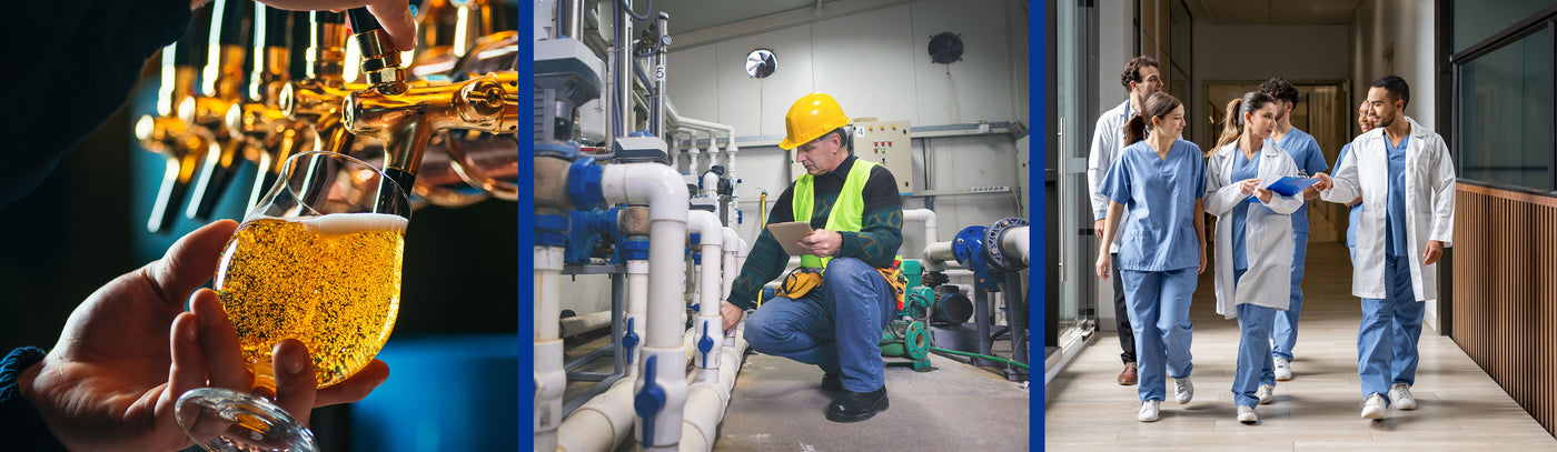 Collage of four images: a hand holding a glass of beer, a person in a yellow hard hat working, a group of people in a hospital setting, and a person with a dog.