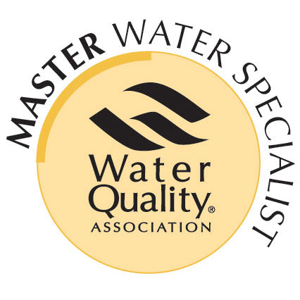 Logo of the Master Water Specialist certification from the Water Quality Association on a white background.