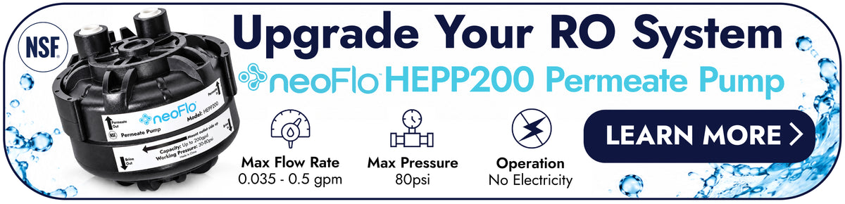 An NSF-certified neoFlo HEPP200 RO system permeate pump advertisement. The left side features a black and silver pump with a white label, set against a blue water splash background.