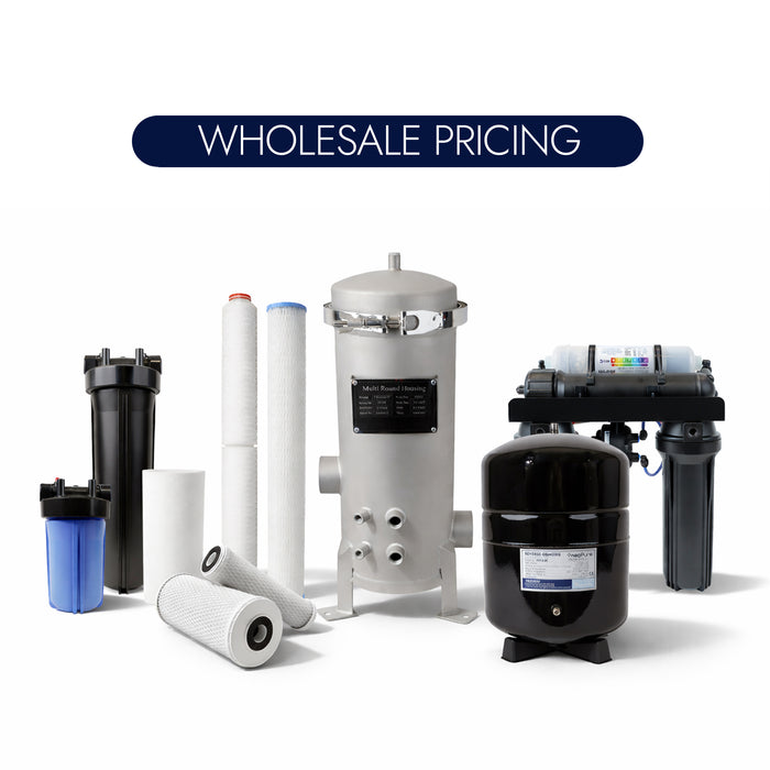 Collection of water filtration systems with 'Wholesale Pricing' text on a white background