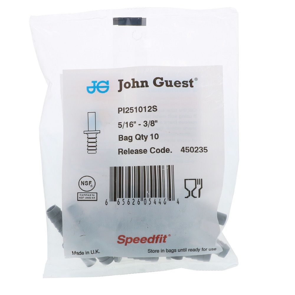 John Guest Stem Barb Connector  - 5/16 OD Stem x 3/8 ID Barb