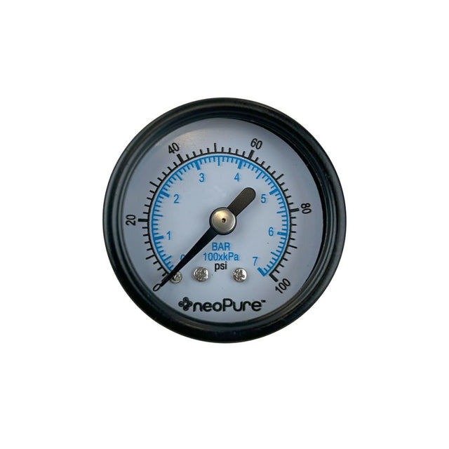Water Pressure Gauge - 100 PSI, 1/8" MPT, 1.5" Glass Dial, Center Mount, Black Steel Case