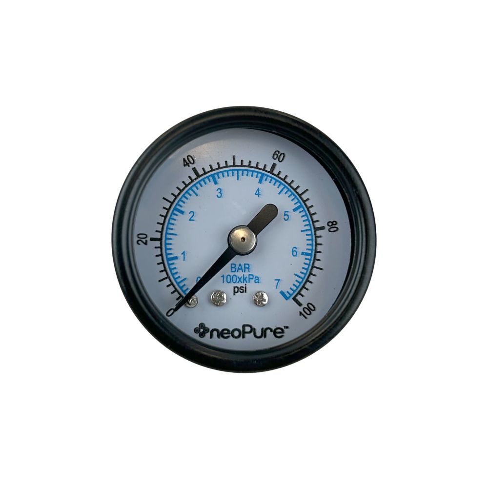Water Pressure Gauge - 100 PSI, 1/8" MPT, 1.5" Glass Dial, Center Mount, Black Steel Case