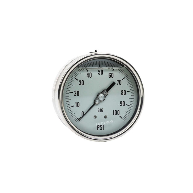 Water Pressure Gauge 100 PSI, 1/4" MPT, 4" Dial, Lower Back Mount, All SS