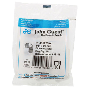 John Guest Fixed Elbow NPTF Polypro - 3/8 x 3/8 NPTF