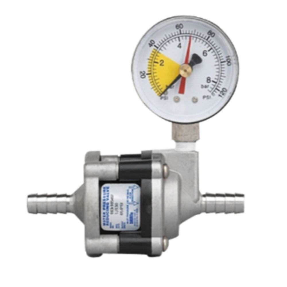 SHURflo 183-165-02 Water Pressure Reducer Valve - 65 PSI - Inlet/Outlet 3/8" Barb - SS Fittings & Body w/PG