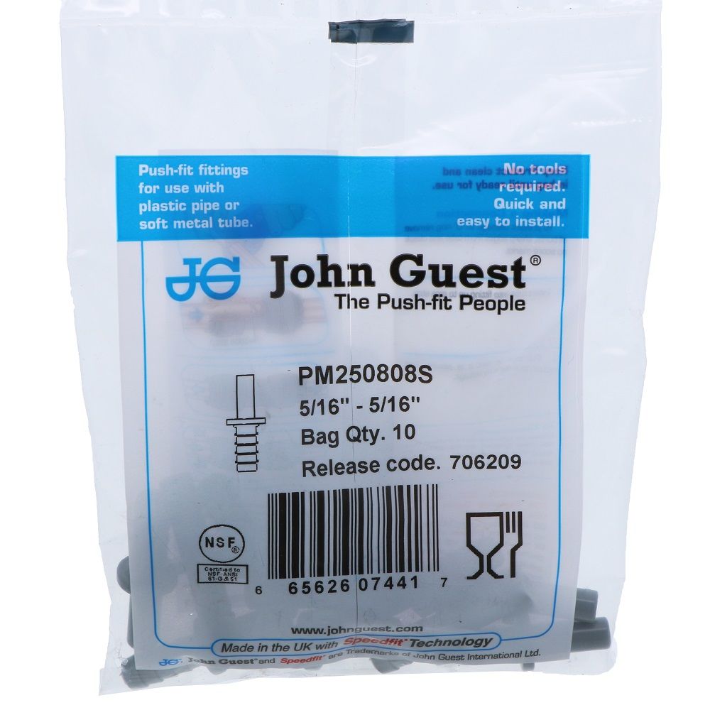 John Guest Stem Barb Connector  - 5/16 OD Stem x 5/16 ID Barb