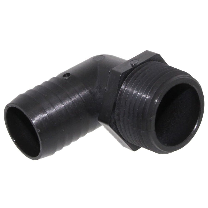 Male Elbow Barb x Male NPT - 1" HB x 1 1/4" MNPT - Black Polypropylene