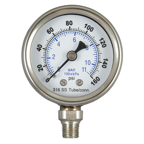 Water Pressure Gauge 160 PSI, 1/4" MPT, 2.5" Glass Dial, Lower Mount, SS Case