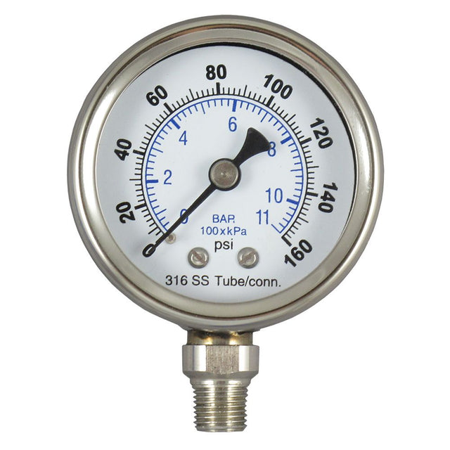 Water Pressure Gauge 160 PSI, 1/4" MPT, 2.5" Glass Dial, Lower Mount, SS Case
