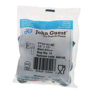 John Guest Stem Elbow Connector Black Polypropylene - 1/2 Stem x 1/2