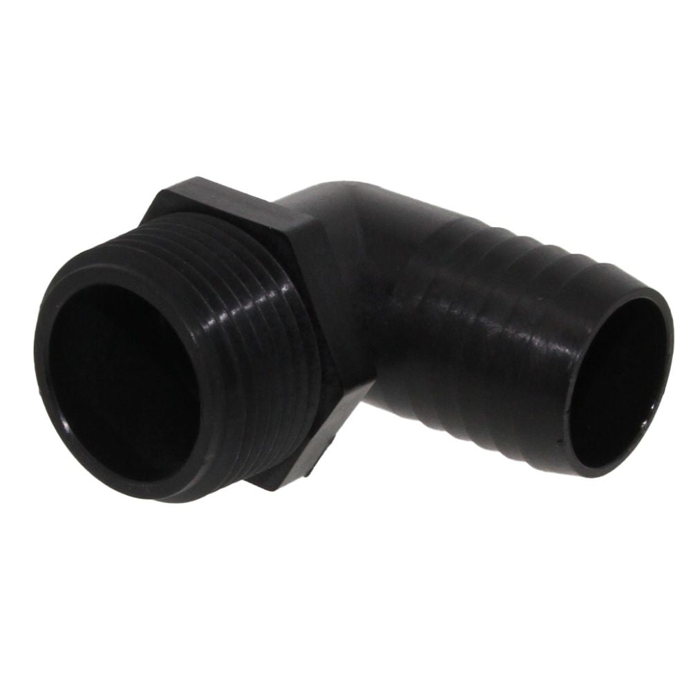 Male Elbow Barb x Male NPT - 1" HB x 1 1/4" MNPT - Black Polypropylene