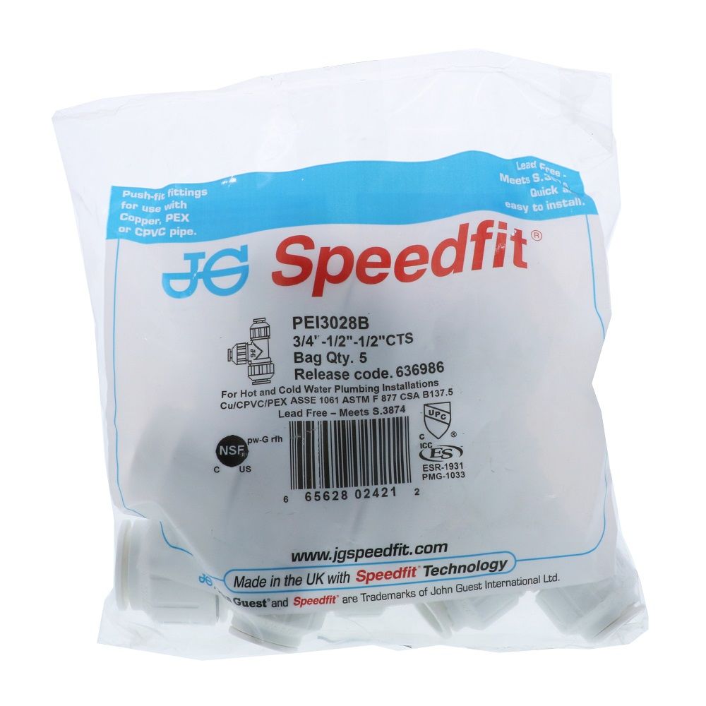 John Guest Reducing Tee - 3/4 x 1/2 x 1/2 CTS