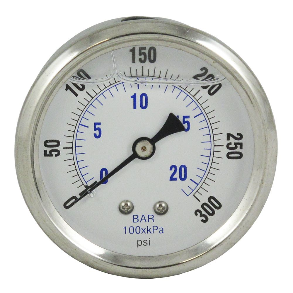 Water Pressure Gauge 300 PSI, 1/4" MPT, 2.5" Plastic Dial, Center Mount, SS Case