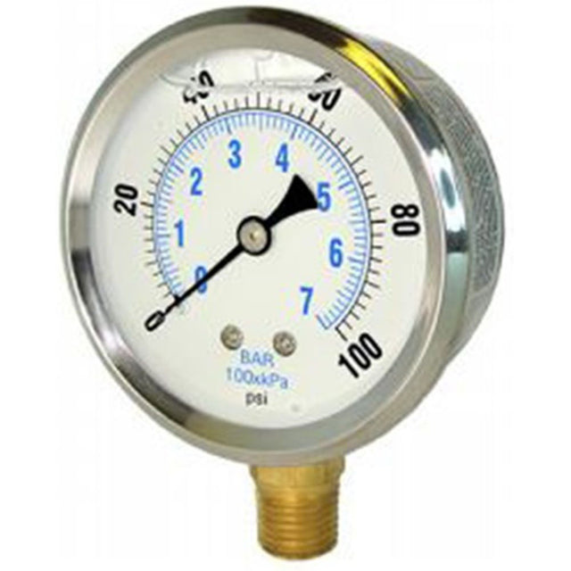 Bottom Mount 2.5 Pressure Gauge Liquid Filled 0-300 PSI 1/4 NPT