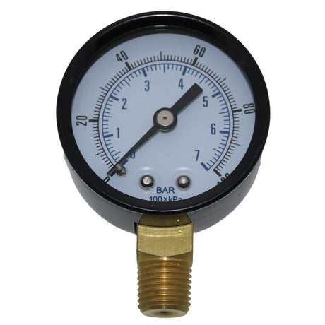 Water Pressure Gauge 100 PSI, 1/4" MPT, 2.0" Glass Dial ,  Lower Mount, Black Steel Case