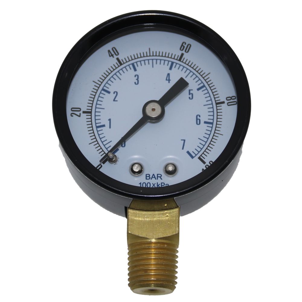 Water Pressure Gauge 100 PSI, 1/4" MPT, 2.0" Glass Dial ,  Lower Mount, Black Steel Case