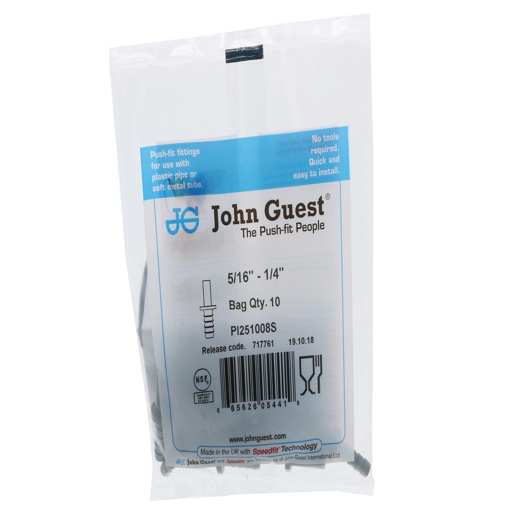 John Guest Stem Barb Connector  - 5/16 OD Stem x 1/4 ID Barb