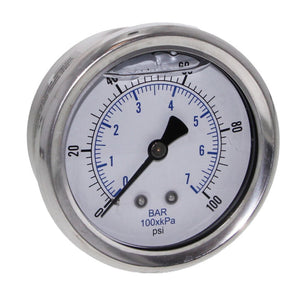 Water Pressure Gauge 100 PSI, 1/4" MPT, 2.5" Plastic Dial, Center Mount, SS Case