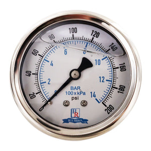 Water Pressure Gauge 200 PSI, 1/4" MPT, 2.5" Plastic Dial, Center Mount, SS Case