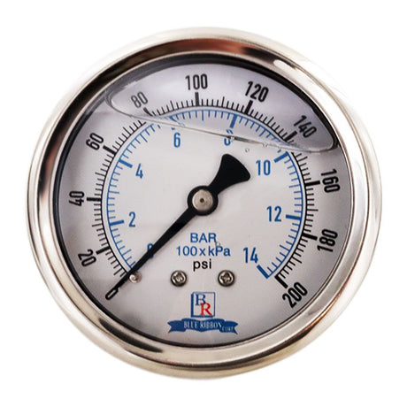 Water Pressure Gauge 200 PSI, 1/4" MPT, 2.5" Plastic Dial, Center Mount, SS Case