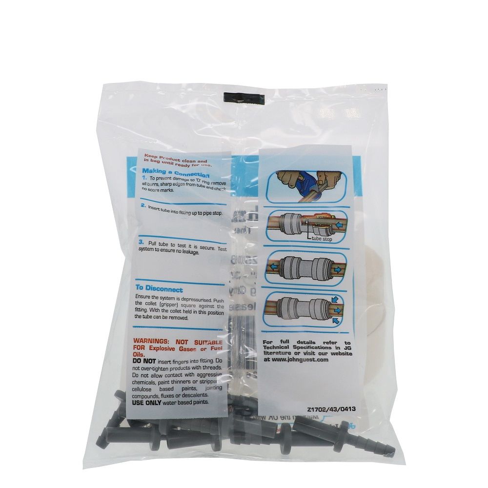 John Guest Stem Barb Connector  - 1/4 OD Stem x 3/16 ID Barb