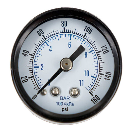 Water Pressure Gauge 160 PSI, 1/8" MPT, 1.5" Glass Dial, Center Mount, Black Steel Case