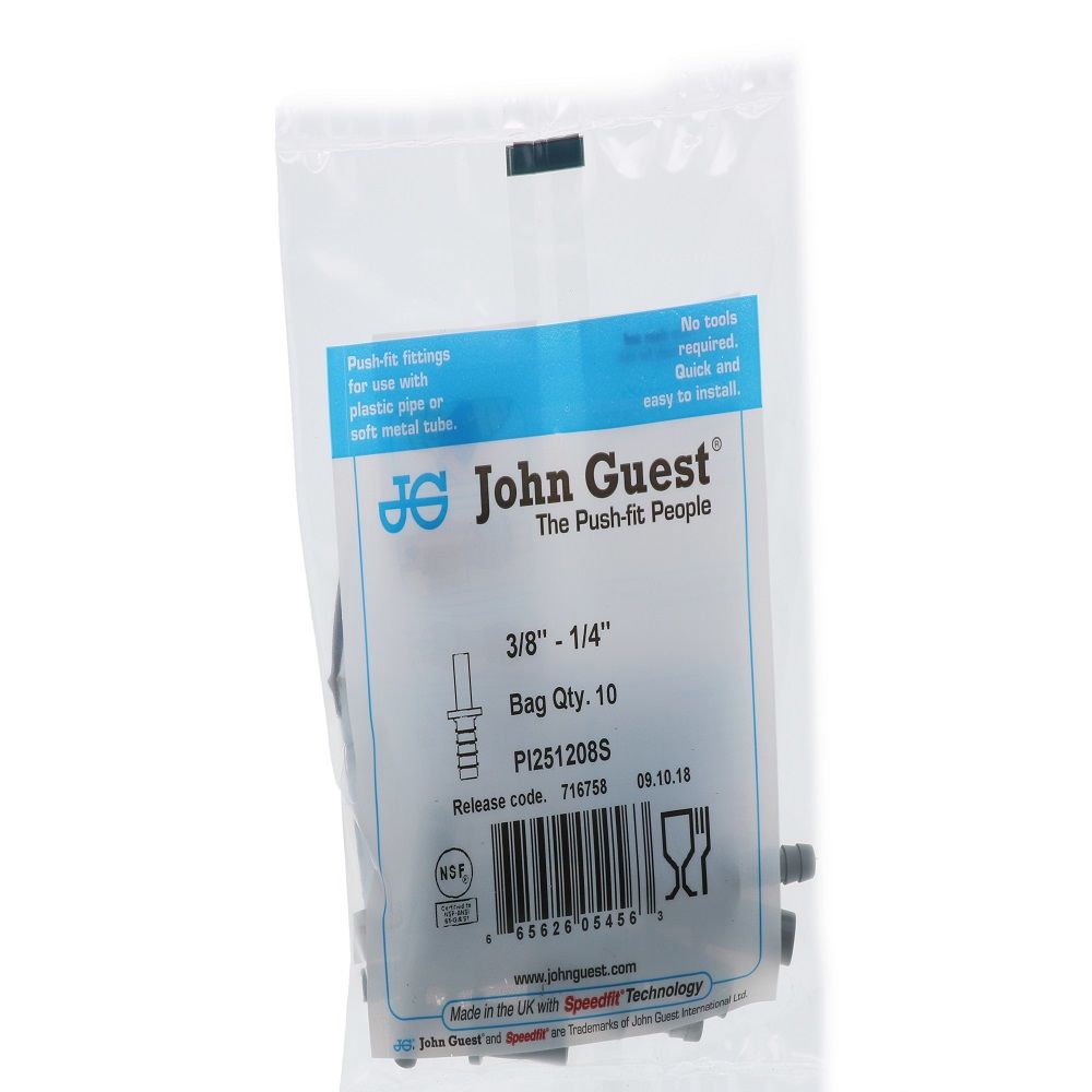 John Guest Stem Barb Connector  - 3/8 OD Stem x 1/4 ID Barb