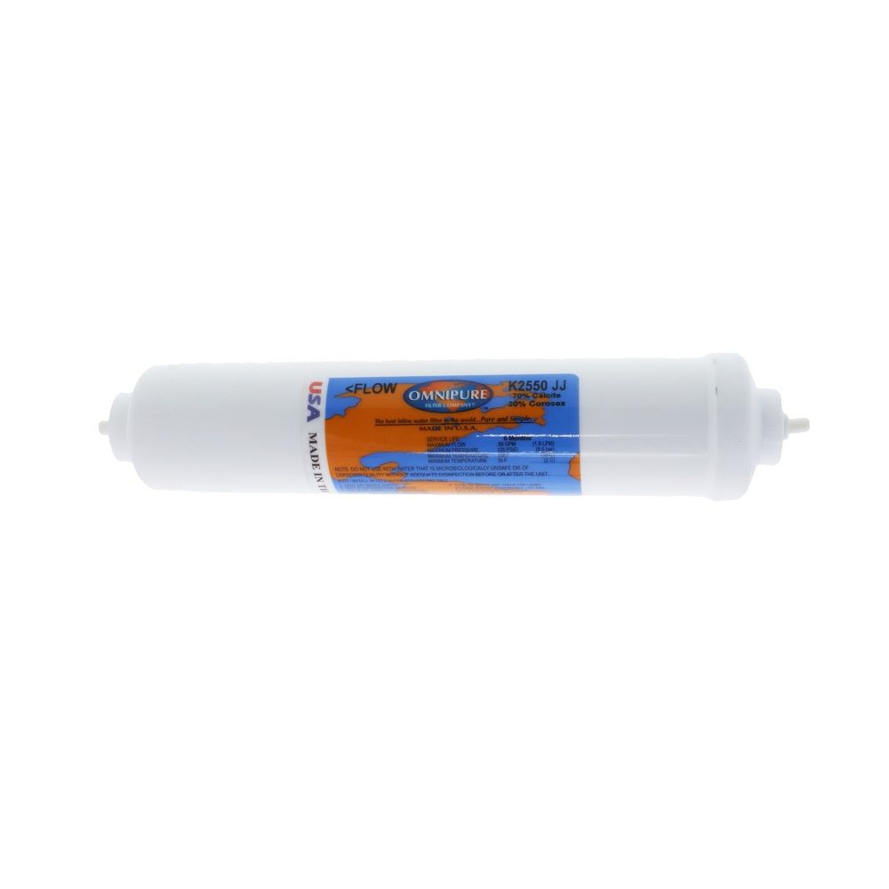 Omnipure Inline K2550-C/C-70/30-JJ 70% Calcite, 30% Corosex - 10" x 2" Filter - 1/4" Quick Connect