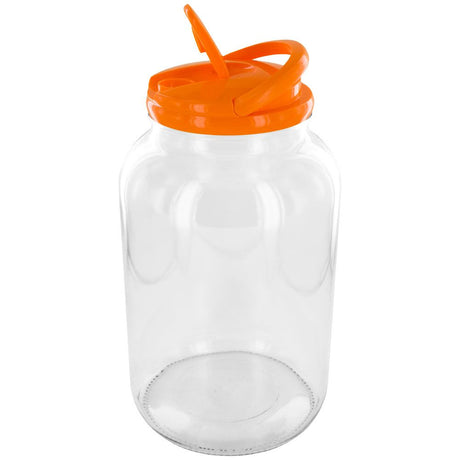 Glass Jar 1 GAL Wide Mouth Flint w/ Pour Lid and Handle - Orange Dome Lids