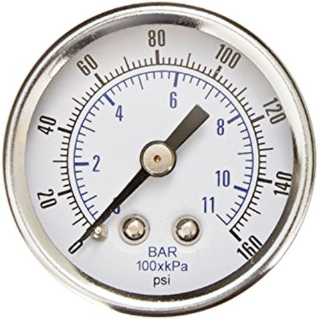 Water Pressure Gauge 160 PSI, 1/8" MPT, 1.5" Glass Dial, Center Mount, Stainless Steel Case