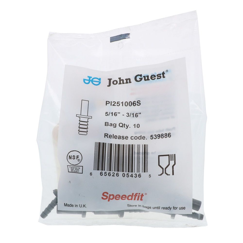 John Guest Stem Barb Connector  - 5/16 OD Stem x 3/16 ID Barb