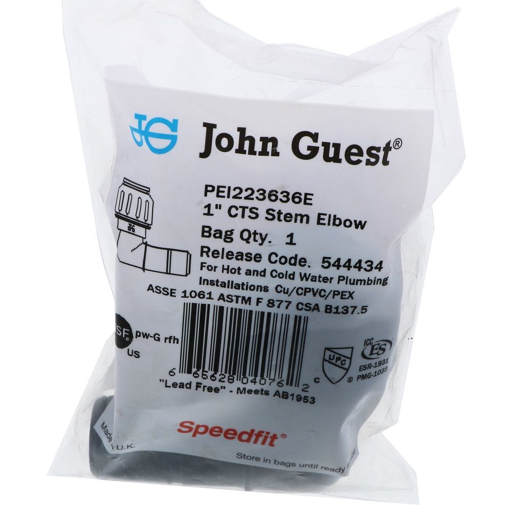 John Guest Black Plug-In Elbow - 1 CTS x 1 Stem