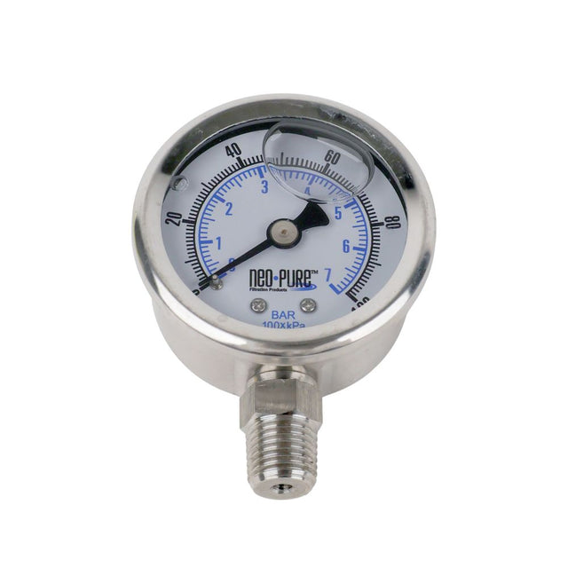 Water Pressure Gauge 100 PSI, 1/4" MPT, 2.0" Plastic Dial, Lower Mount, SS Case