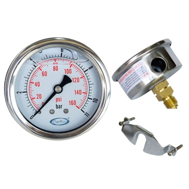 Water Pressure Gauge 160 PSI, 1/4" MPT, 2.5" Dial, Center Back Mount, Glycerin Filled, Stainless Steel Case, Fixed Stainless Steel Bezel, U-Clamp