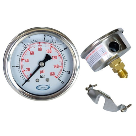 Water Pressure Gauge 160 PSI, 1/4" MPT, 2.5" Dial, Center Back Mount, Glycerin Filled, Stainless Steel Case, Fixed Stainless Steel Bezel, U-Clamp