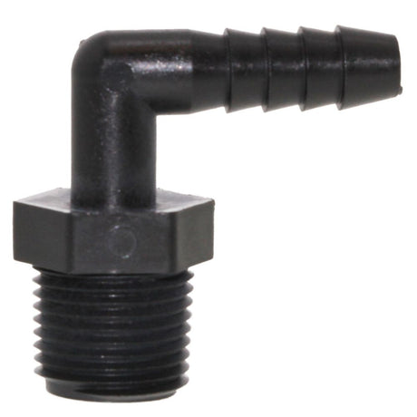 Male Elbow Barb x Male NPT - 3/8" HB x 3/8" MNPT - Black Polypropylene