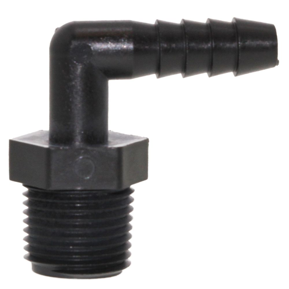 Male Elbow Barb x Male NPT - 5/16" HB x 3/8" MNPT - Black Polypropylene